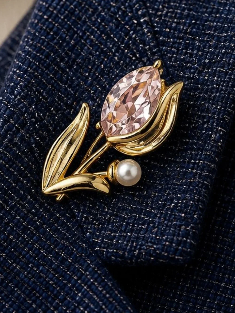 Tulip Flower Brooch Pink Crystal Pearl Gold Rhinestone Floral Pin Jewelry